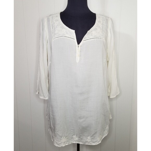 Lucky Brand Women's Top Size 1X Ivory Embroidered Boho Floral Long Sleeve - Picture 1 of 11